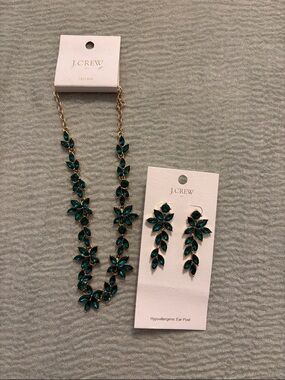 J. Crew Gold-Tone Emerald Green Leaf Crystal Necklace & Drop Earrings